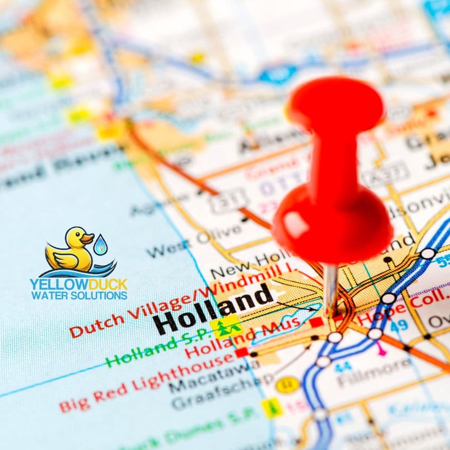 holland map Map of Holland, MI with the Yellow Duck Water Solutions duck swimming in Lake Michigan.